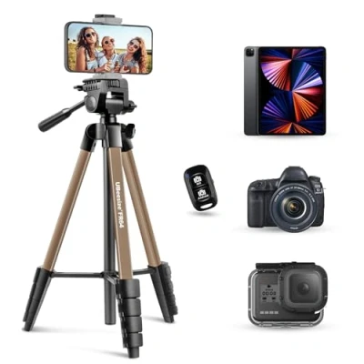 Abbildung von UBeesize Kamera Stativ, 163cm Camera Tripod Tragbares mit Fernbedienung und Telefonhalter, Aluminium Fotostativ für Videoaufnahme, Live Streaming, Kompatibel Handy/Kamera/Tablet