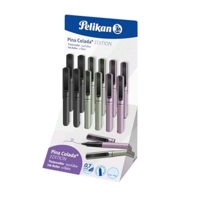 Abbildung von Pelikan Tintenroller Pina Colada Edition im 12er Display, 3 Farben à 4 Stück, Mauve, Olive und Anthrazit, jeweils inkl. Standard Tintenpatrone