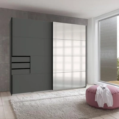 Abbildung von Lomadox Schlafzimmer Kleiderschrank Schwebetürenschrank 2 türig 225cm, Graphit mit Spiegelfront
