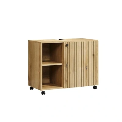 Abbildung von trendteam smart living Waschbeckenunterschrank Unterschrank auf Rollen Badezimmer PureBliss Aufbaumaß (BxHxT) 80 x 64 42 cm Farbe Evoke Eiche mit schwarzen Rillen 233730142