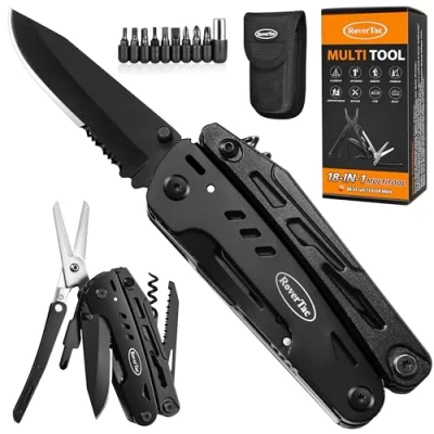 Abbildung von RoverTac Multitool Taschenmesser Werkzeug Geschenke: Multifunktionswerkzeug Camping Zubehör 18 in 1 Multitools Klappmesser Zange Schere Säge Korkenzieher Flaschenöffner 9 Pack mit Nylonscheide