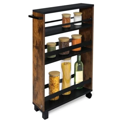 Abbildung von bomoe Nischenregal 15cm breit Küchenwagen Küchenregal Schmal Rollwagen 3 Fächer &amp; Arbeitsplatte Nischenschrank Küche Bad Büro Bathroom Cart Nischenwagen Braun Schwarz 79x50 cm Hylla