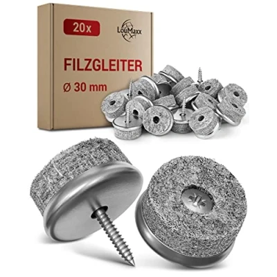 Abbildung von LouMaxx Stuhl Filzgleiter Schrauben rund, Ø 30mm grau Stuhlgleiter mit 6mm dickem Filz &amp;Metalleinfassung für Stühle Premium Stuhlbeinschoner auch Möbel 20 Stück