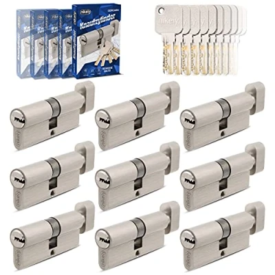 Abbildung von GERCAR Pro Gleichschließend 9 Knaufzylinder 40/40 Set 9x Schließzylinder mit Knauf inkl. 45 Schlüssel 80 mm Türschloss Zylinderschloss 9er Zylinder Länge: 80mm, A:40 B:40 Messing matt massiv
