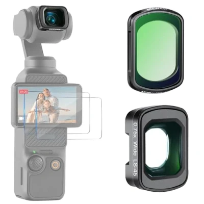 Abbildung von NEEWER 1/4 Black Diffusion Filter und Weitwinkelobjektiv kompatibel mit DJI Osmo Pocket 3 Creator Combo Zubehör, 108 FOV, kinematografische Effekte Set 2X Displayschutzfolie, FL B33