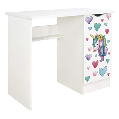 Abbildung von Leomark Weiß Kinderschreibtisch Roma Gemütlich Schreibtisch für Kinder mit Regal, Computertisch, Möbel Kinderzimmer, Höhe: 77 cm (Unicorn)