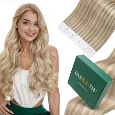 Abbildung von Easyouth Extensions Tape Balayage 50 cm on Echthaar Aschblondes Highlight mit Hellblond 50g Extension Ombre Remy