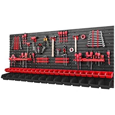 Abbildung von PAFEN Werkzeugwand Stapelboxen 1728 x 780 mm Lagersystem Set Werkzeughaltern und 36 Stück Box Wandregal Werkstattregal Lochwand Schüttenregal Sichtlagerkästen, Rot/Schwarz