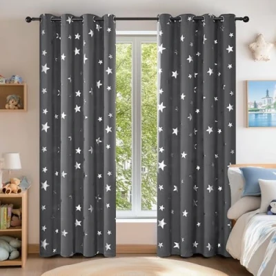 Abbildung von Deconovo Sonnenschutz gardinen mit Ösen Thermovorhänge Kälteschutz Vorhänge für Wohnzimmer Blackout Muster Sterne, 214x132 cm(HöhexBreite), Dunkelgrau, 2er Set