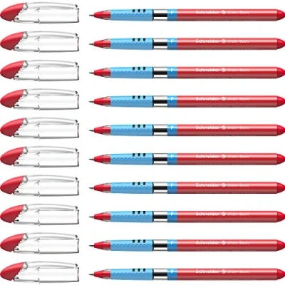 Abbildung von Schneider 151002 Slider Basic Kugelschreiber (Kappenmodell mit Soft Grip Zone und der Strichstärke F=Feinstrich) 10er Pack, rot