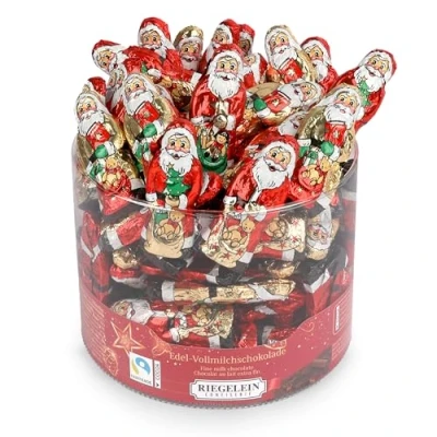 Abbildung von Riegelein Massiv Weihnachtsmänner in Dose, 525g (70 Stk.) Fairtrade Vollmilchschokolade einzeln verpackt Ideal für Adventskalender, Nikolaus &amp; Weihnachten Schokonikolaus klein