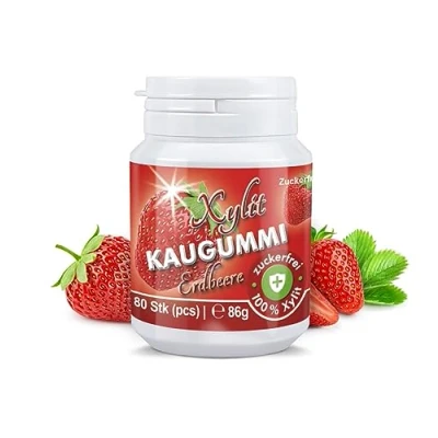 Abbildung von Xylitquelle Zahnpflegekaugummi ERDBEERE 80 Stk 100% Xylit für angenehmen Atem zuckerfrei, vegan, ohne Aspartam Kaugummis (1er Pack)