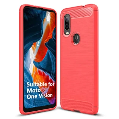 Abbildung von SCL Hülle Für Motorola One Vision Moto Handyhülle Exquisite Serie Carbon Design Schutzhülle mit Anti Kratzer und Stoß Absorbtion Technologie [Rot]