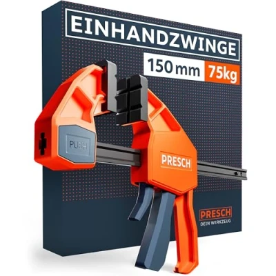 Abbildung von Presch Einhandzwinge 150mm Schnellspannzwinge mit 75kg Spannkraft für sofortiges Fixieren Extrem stabile Zwinge dank Carbonstahl &amp; glasfaserverstärktem Gehäuse Spannzwinge Spreizfunktion