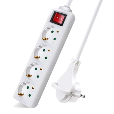 Abbildung von EXTRASTAR Steckdosenleiste mit 4 Steckdosen und Schalter, 1,5 m Kabel, Flacher Stecker, für Zuhause, Büro Reisen, 16 A, 250 V, 3680 W, Weiß