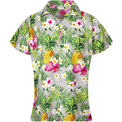 Abbildung von King Kameha Funky Hawaiibluse, Hawaiihemd, Kurzarm, Print Pineapple Flowers, Grau, M