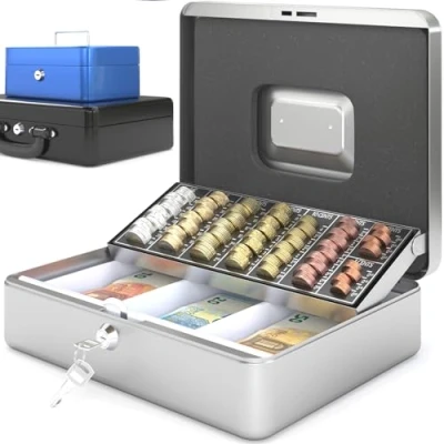 Abbildung von ACROPAQ Geldkassette abschließbar Kasse mit Münzzählbrett, Groß 24 x 30 9 cm Abschließbare Box, Geldkasse, Geldkoffer geeignet für Geldaufbewahrung Silber 10005S