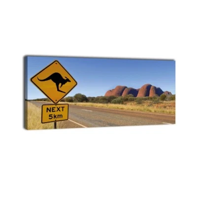 Abbildung von wandmotiv24 Leinwandbild Panorama Nr. 344 Känguruschild 100x40cm, Keilrahmenbild, Bild auf Leinwand, Australien Landschaft Strasse