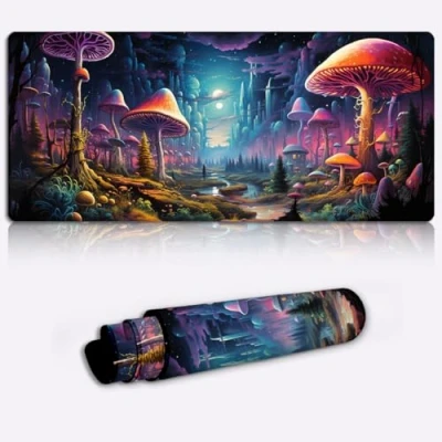 Abbildung von LJSPTU Gaming Mauspad Shroom Planet XXL (90 x 40 0,3) cm, erweitertes Mauspad, Schreibtischunterlage, genähte Kanten, Computertastatur, Schreibtischunterlage