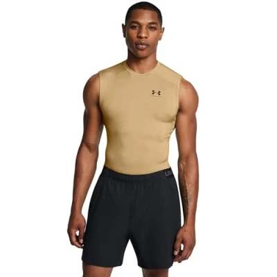 Abbildung von Under Armour HeatGear Kompressions T Shirt für Herren, ärmellos, (715) Team Vegas Gold/Schwarz, Mittel
