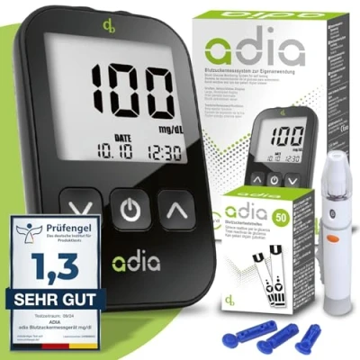 Abbildung von adia Diabetes Set, mg/dl mit 60 Blutzuckerteststreifen, Stechhilfe, Lanzetten 1 St