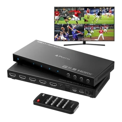 Abbildung von HDMI Multiviewer Switch 4x1 mit Pip, PORTTA Quad Multi Viewer Seamless Switcher 4 in 1 Out Toslink, 3,5 mm Audioausgang unterstützt 1080p 60 Hz, 6 Anzeigemodi, Downscaler, kompatibel PS4 Xbox