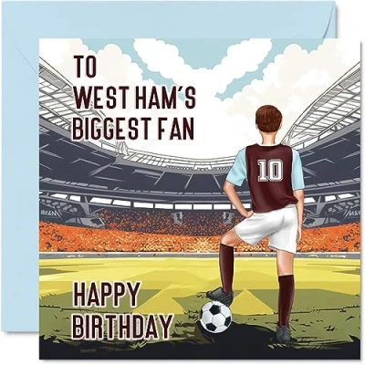 Abbildung von Stuff4 Fußball Geburtstagskarte für West Ham Fans Biggest Fan lustige Sohn, Vater, Bruder, Onkel, Kollegen, Freund, Cousin, 145 mm x mm, Footy Footie Bday Grußkarten