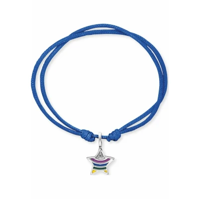 Abbildung von Herzengel Mädchen Kinder Armband aus blauem Nylon und einem Regenbogen Stern Anhänger bunter Emaille Ösenverschluss längenverstellbar nickelfrei