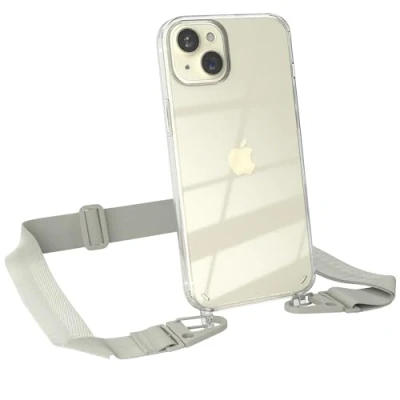 Abbildung von EAZY CASE Hülle mit Band kompatibel iPhone 15 Plus Handyhülle Umhängeband für 15+ Silikonhülle Transparent Schutzhülle Handykette zum Umhängen Handykordel Smartphone in Taupe Grau
