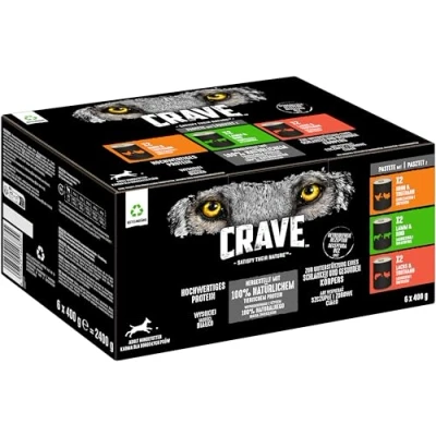 Abbildung von CRAVE Adult Hundefutter nass ohne Getreide 6x400g Dosen Premium Nassfutter für Hunde in 3 verschiedenen Sorten mit 100 Prozent natürlichem Protein