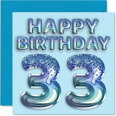 Abbildung von Stuff4 Geburtstagskarte zum 33. Geburtstag für Männer Blauer Glitzer Partyballon Happy Birthday Karten 33 Jahre alten Mann, Bruder, Freund, Onkel, Vater, 145 mm x