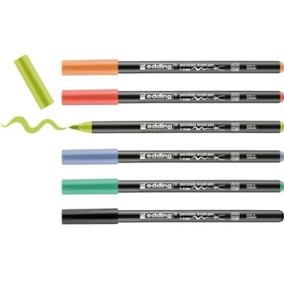 Abbildung von edding 4200 Porzellanpinselstift mehrfarbig 6 Stifte Pinselspitze 1 4mm Filzstift zum Beschriften, Dekorieren von Keramik Porzellan spülmaschinenfest lichtechte Tinte, schnell trocknend