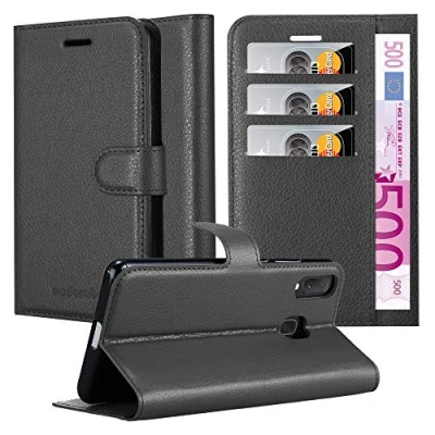 Abbildung von Cadorabo Hülle kompatibel mit Samsung Galaxy A40 Handyhülle aus Premium Kunst Leder Flip Klappbare Stoßfeste Magnetische [Standfunktion] [Kartenfächern] Cover für Tasche in Schwarz