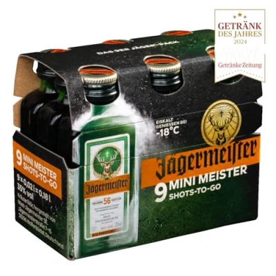Abbildung von Jägermeister 9 x 0,02 l Mini Meister Shots Premium Kräuterlikör 35% Vol. 56 erlesene Kräuter Kalt mazeriertes Elixier Im Eichenfass gelagert Das Original aus Wolfenbüttel
