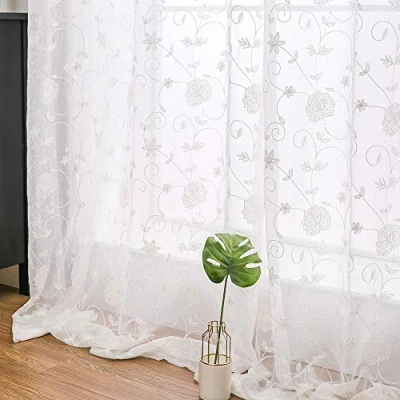 Abbildung von MIULEE Vorhänge mit Blumen Stickerei Muster, Gardinen Weiß für Wohnzimmer, Schlafzimmer Vorhang Transparent Ösen, 2er Set Voile Durchsichtig Vorhänge, Jeder H 225 X B 140cm