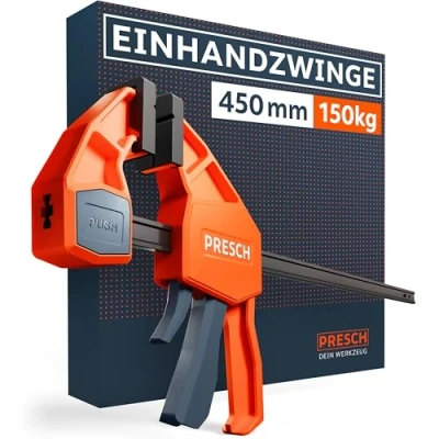Abbildung von Presch Einhandzwinge 450mm Schnellspannzwinge mit 150kg Spannkraft für sofortiges Fixieren Extrem stabile Zwinge dank Carbonstahl &amp; glasfaserverstärktem Gehäuse Spannzwinge Spreizfunktion