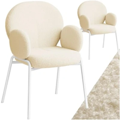 Abbildung von tectake® 2er Set Esszimmer Stuhl mit Armlehne, modernes Küchenmöbel Bouclé Teddystoff Bezug, Esszimmerstühle Wohnzimmer Sessel, Dining Chair, Küchenstühle für Esstisch (Creme)