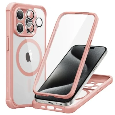 Abbildung von ESR für iPhone 15 Pro Hülle, Kompatibel mit MagSafe, 360 Grad Schutzhülle Stoßfest Militärnorm Magnetische Handyhülle Kameraschutz, Klares Rosa