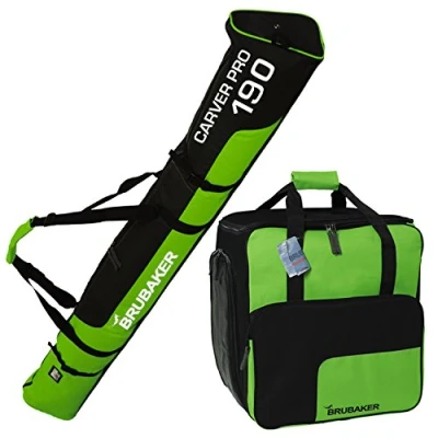 Abbildung von BRUBAKER Kombi Set Skisack und Skischuhtasche für 1 Paar Ski bis 190 cm + Stöcke Schuhe Helm Grün Schwarz