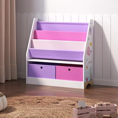 Abbildung von [en.casa] Kinderregal Neda Bücherregal für Kinder mit 3 Ablagefächern Ozean Motiv Spielzeug Aufbewahrungsregal 2 Faltboxen Kinderzimmerregal stehend 74 x 71 23 cm Weiß/Rosa/Lila
