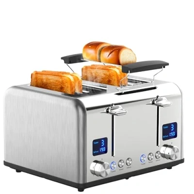 Abbildung von STEINBORG Toaster SB 2080, 4 kurze Schlitze, für Scheiben, 1630 W, Edelstahl Gehäuse,Brötchenaufsatz,Krümelschublade,2xDigitales Display