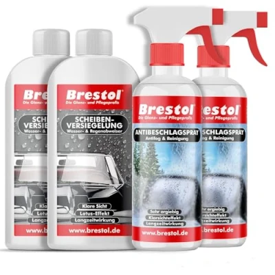 Abbildung von Brestol® Antibeschlagspray + Scheibenversiegelung Set2 (2X 250 ml 2X 300 ml) Wasserabweiser Regenabweiser Antifog Antibeschlag Abperleffekt Abperl Effekt Nano Klarsichtspray Antibeschlagmittel