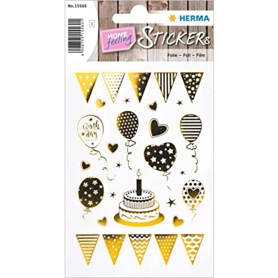 Abbildung von HERMA 15560 Aufkleber Geburtstag Gold Silber, 22 Stück, Geschenk Sticker mit Luftballons Kuchen Torte Herzen, Erwachsene Geschenkaufkleber für Glückwünsche Happy Birthday Herzlichen Glückwunsch Deko