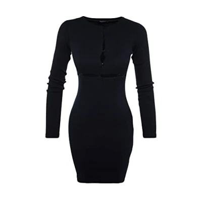 Abbildung von Trendyol Damen Woman Midi Bodycone Rundhalsausschnitt Gestrickt Kleid Umlegekragen Standard Schwarz Kleid, Navy Blau, L