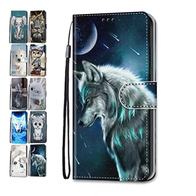 Abbildung von Hülle für Samsung Galaxy A51 4G 2020, Leder Tasche Flip Case Mädchen Jungs Muster Design Etui Schutzhülle Cover Handyhülle 2020 Wolf