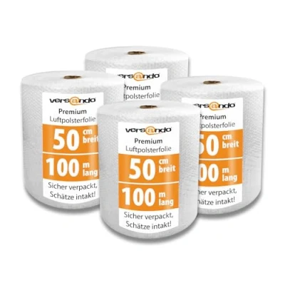Abbildung von versando 4x Premium Luftpolsterfolie 100m x 0,5m Versand, Verpackung, Umzug Noppenfolie Bubble Wrap LPF Rolle