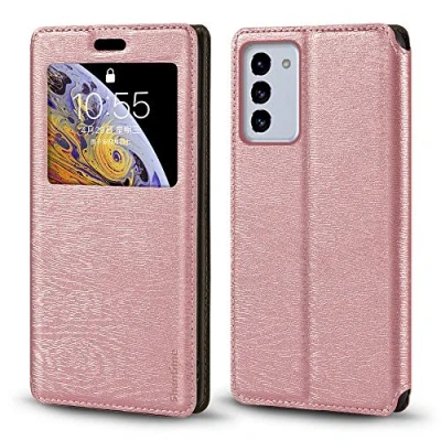 Abbildung von Schutzhülle für Samsung Galaxy S21 FE 5G, Holzmaserung, Leder, mit Kartenhalter und Fenster, Magnetverschluss, Flip Cover 5G