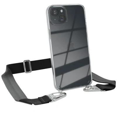 Abbildung von EAZY CASE Hülle mit Band kompatibel iPhone 15 Plus Handyhülle Umhängeband für 15+ Silikonhülle Transparent Schutzhülle Handykette zum Umhängen Handykordel Smartphone in Schwarz