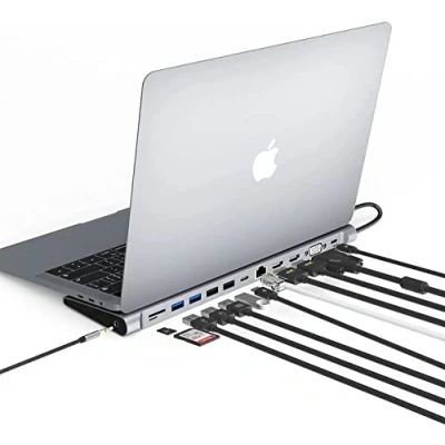 Abbildung von Qhou Dual Monitor Docking Station USB C, 13 in 1 Triple Display C Dock Con 2 HDMI, VGA, Port, 4 USB, Gigabit Ethernet, Audio, SD/TF Thunderbolt 3 per Kompatibel Windows
