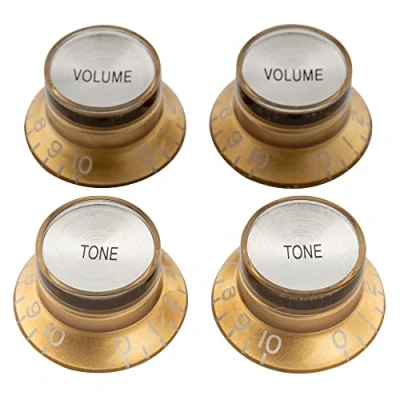 Abbildung von Musiclily Pro Metrische Gitarre Knöpfe Potiknöpfe Top Hat Bell Knobs 2 Volume Tone Set für Epiphone LP SG Style E Gitarre, Gold mit Silber Metalleinlage